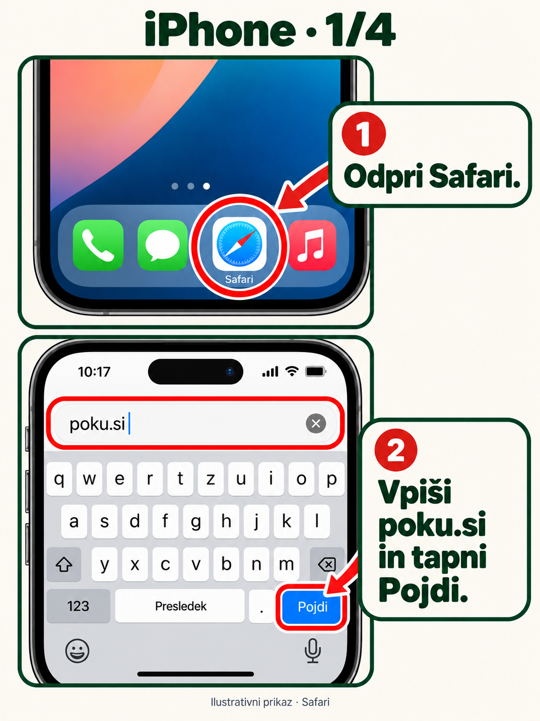 Odpri Safari – modri kompas. V naslovno vrstico vpiši poku.si in potrdi.